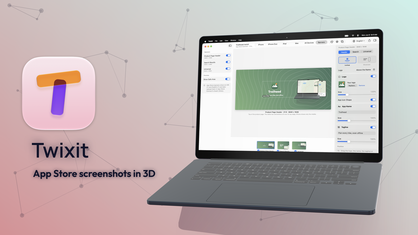 Twixit's universal App Store banner: icon, name and tagline on the left, a MacBook on the right.