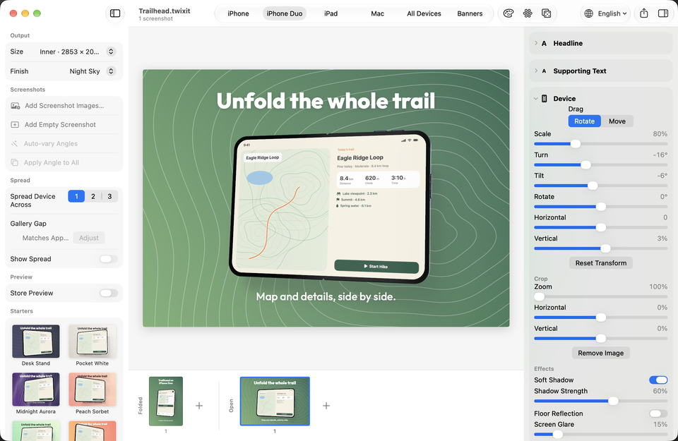 The Twixit editor with an iPhone Duo screenshot of Trailhead open on the inner display, headed Unfold the whole trail, with device sliders on the right.