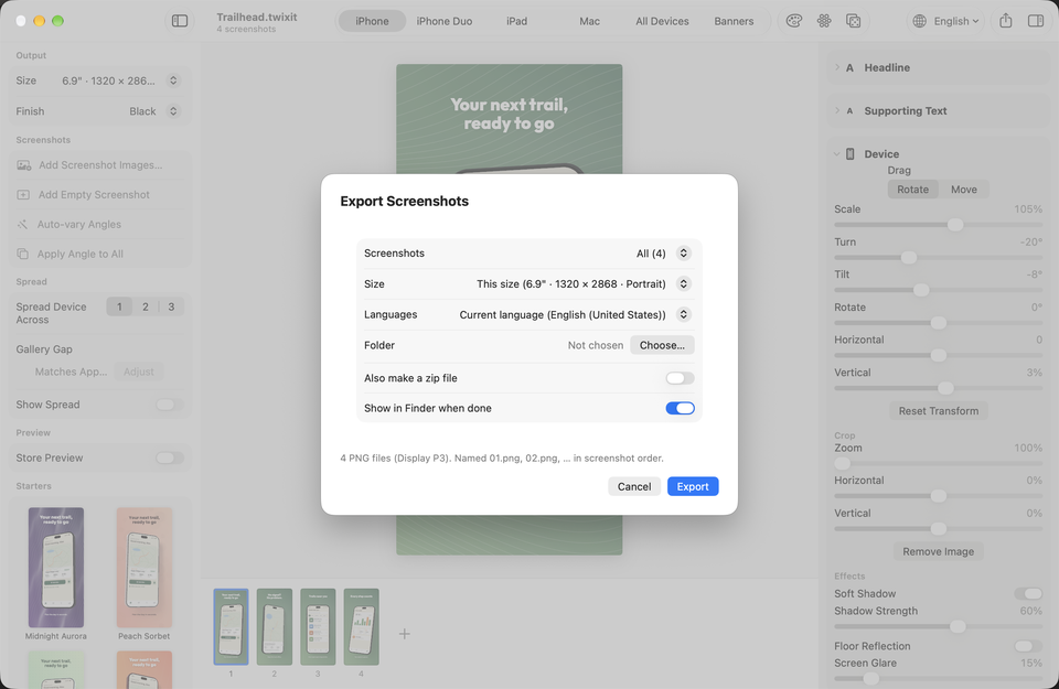 Twixit's Export Screenshots sheet: choices for screenshots, size, languages and folder, an Also make a zip file switch, and an Export button.