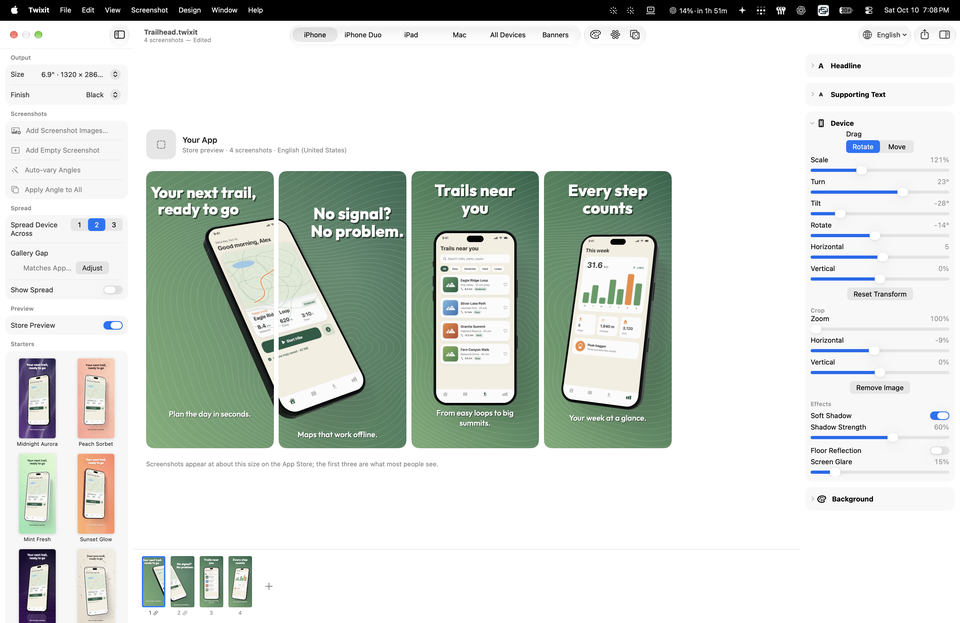 Twixit's Store Preview for the Trailhead project, showing four finished screenshots across the centre, editing controls on both sides, and the screenshot strip below.