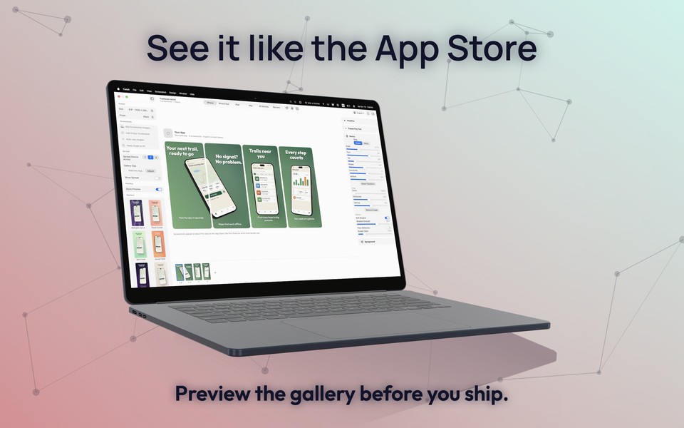 Twixit's Store Preview on a MacBook: the Trailhead screenshots shown in a row at App Store gallery size, under the headline See it like the App Store.
