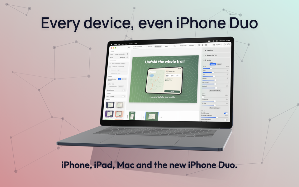 Mac screenshot 3: an iPhone Duo design in the editor, headed Every device, even iPhone Duo.