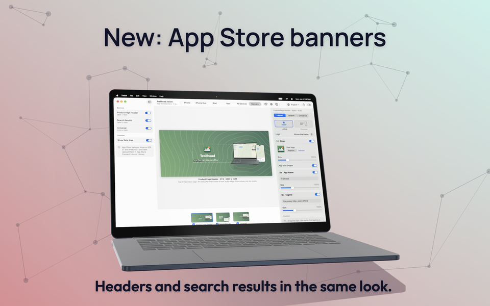 Mac screenshot 5: the banner editor on a MacBook, headed New: App Store banners.