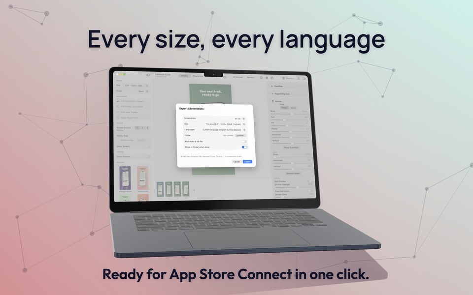 Mac screenshot 6: the export sheet on a MacBook, headed Every size, every language.