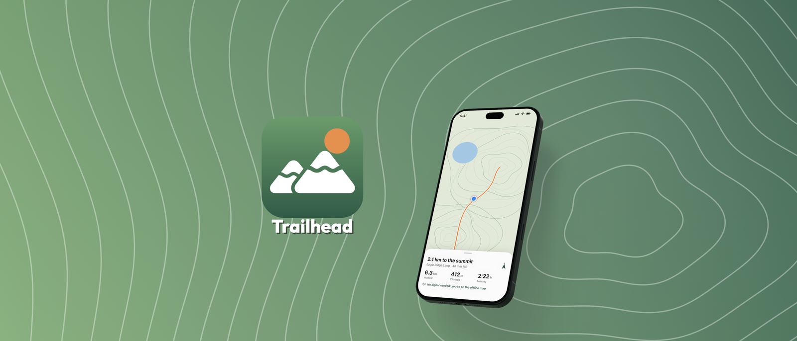 Trailhead's App Store product page header: the Trailhead icon and name beside a tilted iPhone, on a green contour-line background.