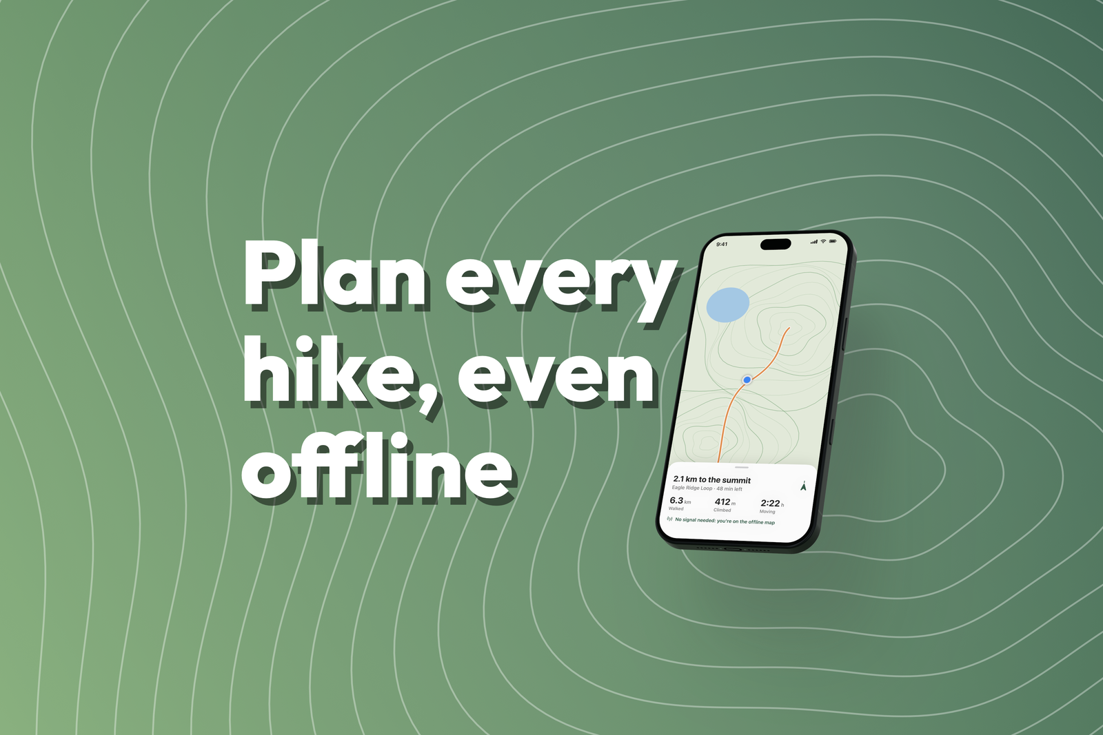 Trailhead's App Store search results banner: Plan every hike, even offline beside a tilted iPhone, on a green contour-line background.
