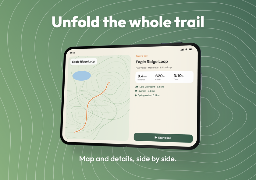 Trailhead on iPhone Duo, open: a map and trail details side by side on the inner display, headed Unfold the whole trail.