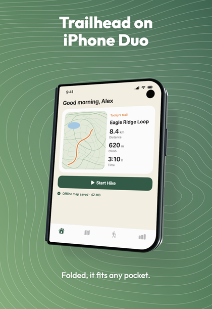 A Trailhead screenshot of iPhone Duo folded, showing the home screen on the outer display.