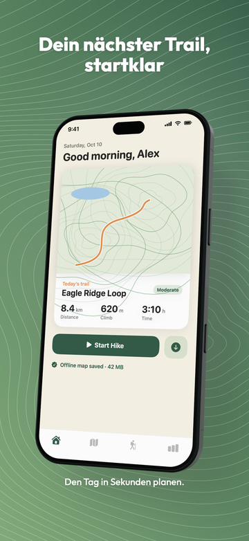 The same screenshot in German: Dein nächster Trail, startklar, with the same layout.