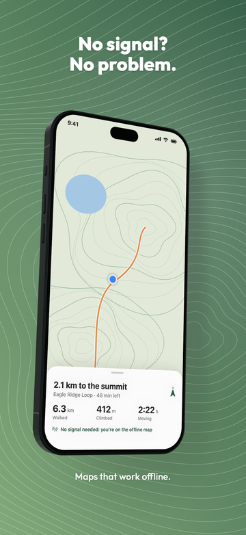 A second Trailhead iPhone screenshot showing an offline trail map, headed No signal? No problem.
