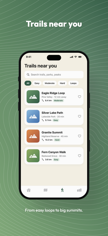 Trailhead on iPhone: a list of nearby trails, headed Trails near you.