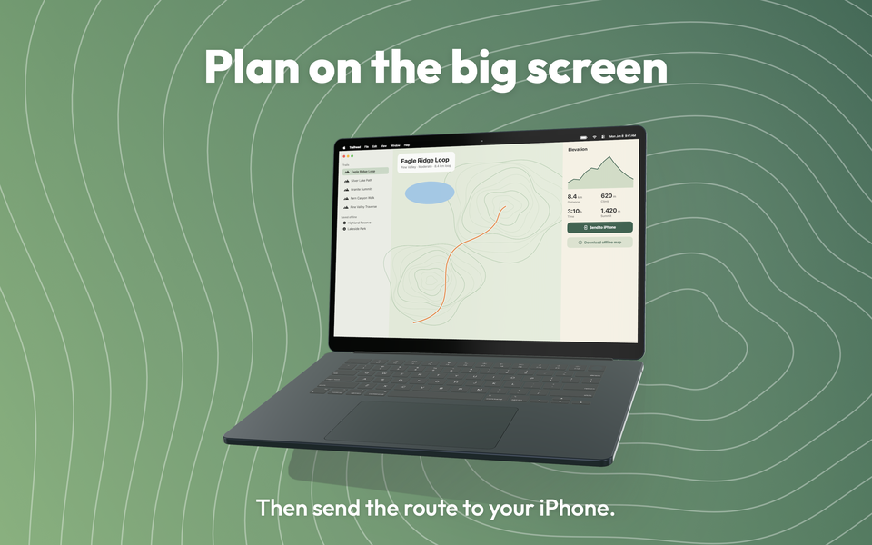 Trailhead for Mac on a MacBook Air, showing a trail map and elevation chart, headed Plan on the big screen.